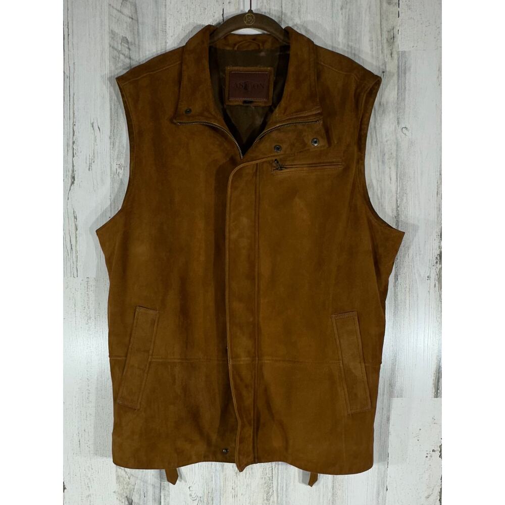 Aston Mens Goat Suede Vest Size‎ XL Camel Brown Full Zip Snap Western Ranch